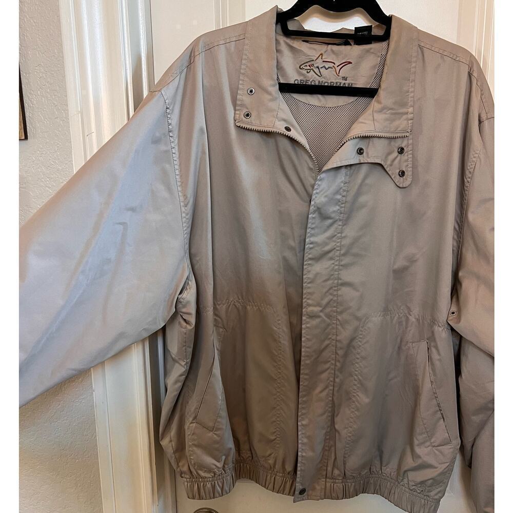 Greg Norman full zip khaki lined‎ windbreaker, golf jacket w/ rear zip pocket. L